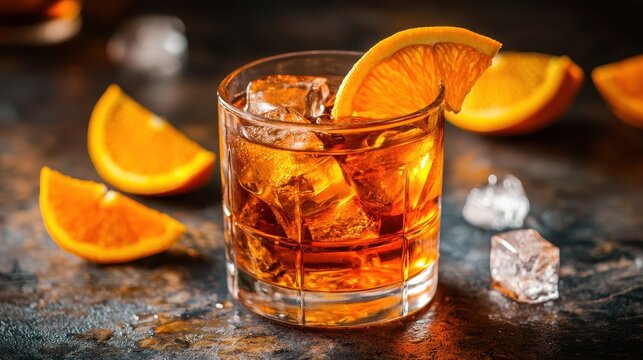Classic Negroni cocktail on ice with orange slice glows warmly. AI-generated.