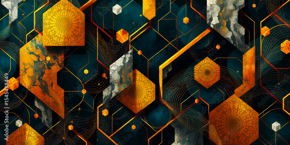 Poster geometric abstract background with hexagons cubes and lines in gold and teal colors