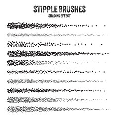 Fototapeta premium Ink scatter brush, stipple drawing and texturing. Fading gradient. Stippling, dotwork drawing, shading using dots. Halftone disintegration effect. White noise grainy texture. Vector illustration