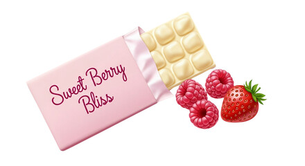 Sweet Berry Bliss white chocolate bar with fresh raspberries and strawberry, perfect for confectionery advertising, dessert recipes, Valentine's Day, Mother's Day, or a delightful treat.