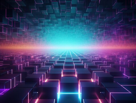 Vibrant neon lights fill a futuristic maze