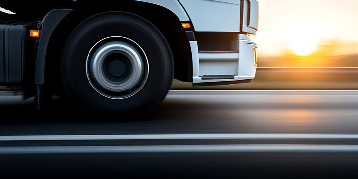 Fototapeta Motion blur emphasizes speed as a heavy-duty truck travels on the highway at sunset, showcasing transportation and logistics.