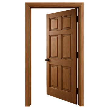 Open wooden panel door isolated on transparent background
