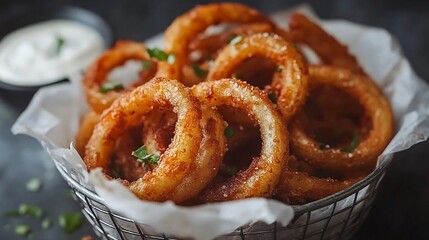 Seasoned curly fries in a wire basket lined with parchment paper, served with a creamy garlic dip, high contrast lighting 