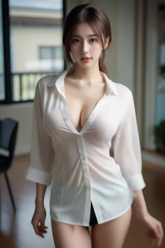 A beautiful young woman walks in the style, with big breasts, and a white dress.