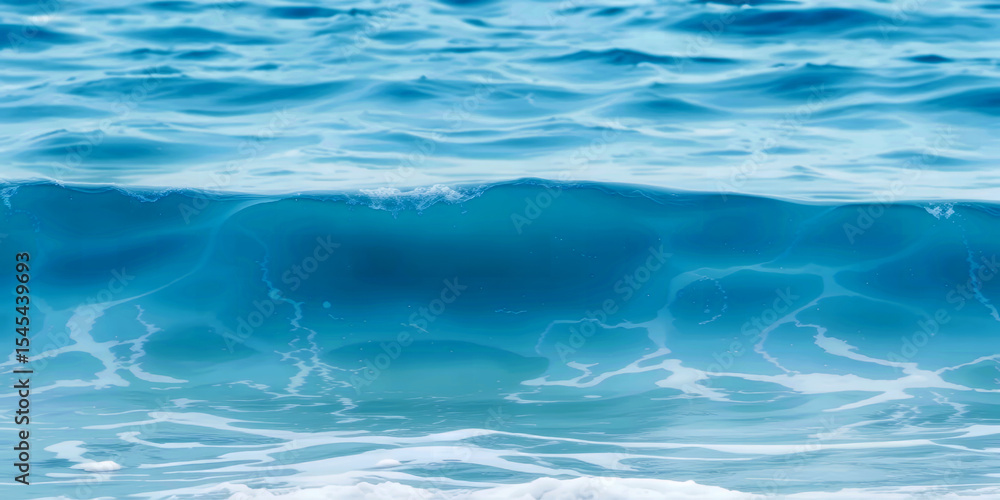 Poster close up view of a blue ocean wave with white foam and smaller ripples on the surface area seen