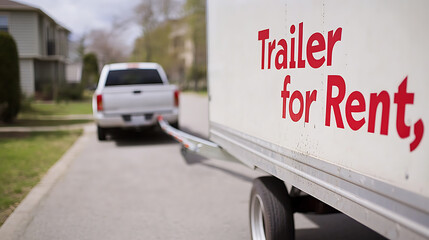 A white pickup truck is towing a trailer with "Trailer for Rent" printed on its side, set in a suburban neighborhood on a sunny day.