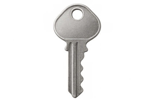 Classic silver metal key isolated on transparent background, representing security, access, and problem-solving