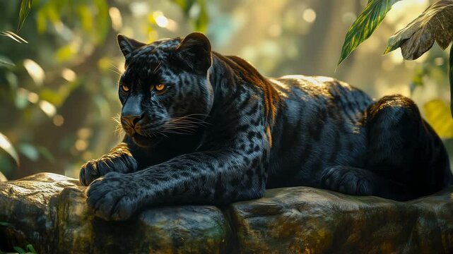 Black panther rests on a rock in the middle of a dense jungle with sunlight filtering through leaves highlighting its glossy fur and piercing amber eyes