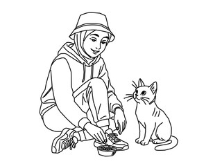 Young Muslim girl wearing hijab, hoodie, and bucket hat sits on sidewalk feeding a cat.Sporty hijabi girl in casual outfit and bucket hat feeding a cat outdoors.iIllustration of Muslim woman in hoodie