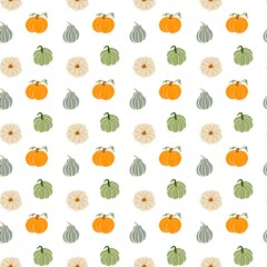 Seamless pattern with autumn pumpkins in warm seasonal colors. Includes various shapes and styles. Ideal for fall packaging, textile prints, invitations, and rustic branding.