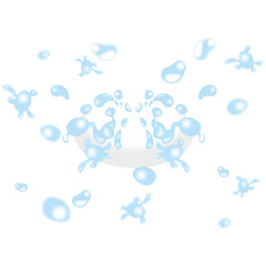 Blue and white drops, bubbles and abstract microorganisms float in space, forming a harmonious structure in the center around an object resembling an egg.