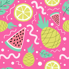Seamless summer pattern with melon, pineapple, watermelon, and monstera leaves on a pink background. Fresh, cute, and sweet vibe. Ideal for digital prints, banners, websites, wallpapers, and cards.