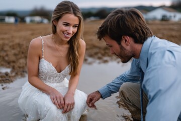 An elegant bride smiles gently as she interacts with her partner in a scenic, rustic setting. The natural backdrop adds charm to their intimate connection and joy.