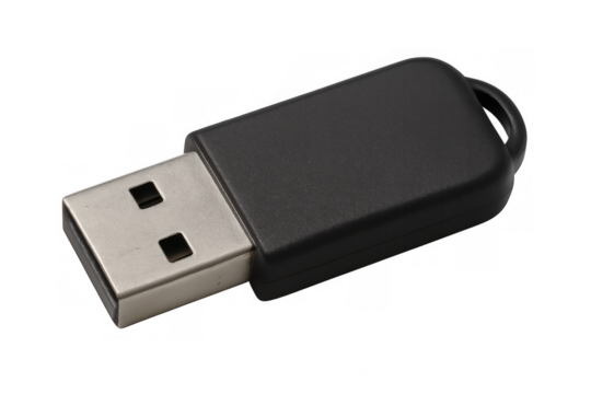 Close-up of a black usb flash drive lying diagonally, isolated on a transparent background, ready for data transfer