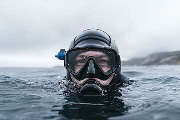 Diver in full scuba gear submerged in the ocean. Preparing for exploration under the sea. Goggles and gear reflect ocean landscape. Face closeup.