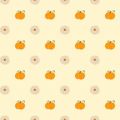 Seamless vector pattern with autumn pumpkins in warm seasonal colors. Includes various shapes and styles. Ideal for fall packaging, textile prints, invitations, and rustic branding.