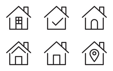 Simple monochrome house icon set Web home icon for apps and websites, House icon, Home sign in circle or Main page icon in filled, thin line, outline and stroke style for apps and website