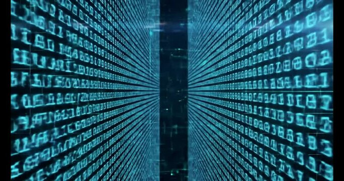 Digital binary code tunnel with perspective effect and blue glowing numbers on dark background