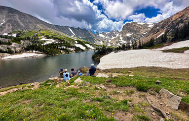 Hikers at Isabelle Lake in the Indian Peaks Wilderness, Boulder County, Colorado