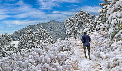Jogger in Boulder, Ciolorado's Rocky Mountain Foothills after a snowstorm