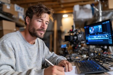 Fototapeta premium A focused man meticulously edits video content in a cluttered workspace filled with technology and creativity, representing dedication and attention to detail in filmmaking.