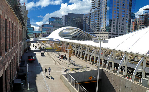 Denver's historic Union Station is the entrance to the city's modernistic rail/bus transportation center.