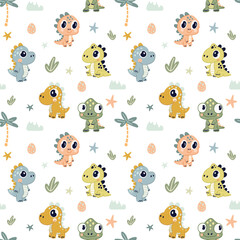 Seamless pattern with cute cartoon dinosaurs on white background. Ideal for children's design, vector flat style