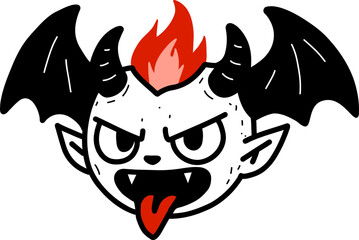 Cartoon devil face with horns, bat wings, and fiery hair. Spooky creature illustration for Halloween holiday. Abstract monster graphic element.