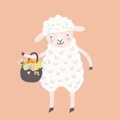 Cartoon sheep with a basket of spring flowers, flat style vector illustration
