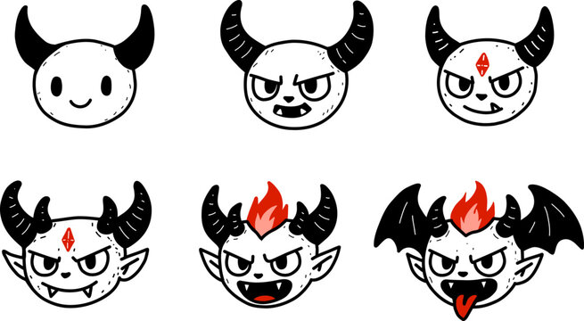 Set cartoon devil faces evolving from simple to fierce with horns, fire, and wings for halloween content and character design.