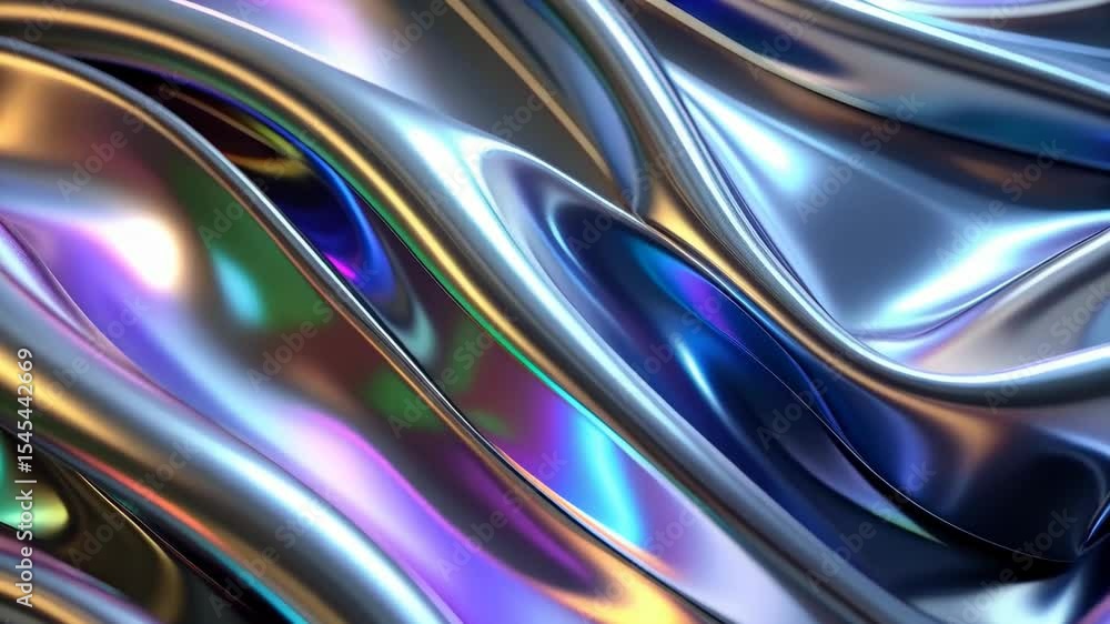 Poster abstract chrome waves reflecting iridescent colors, creating dynamic shiny metal surface with vibran