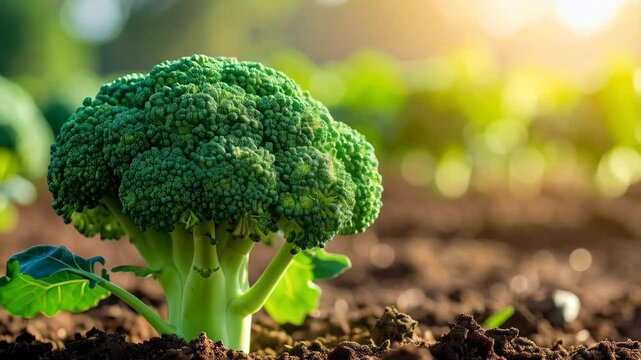 Close-up of vibrant green broccoli plant growing in rich soil on a sunny day, organic farm field landscape