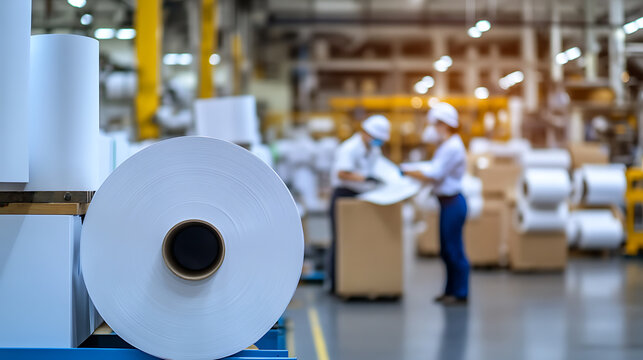 Large paper roll in a busy factory setting, people working in background. Industrial manufacturing shows efficiency and productivity.