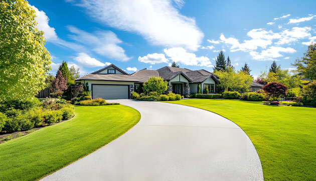 Home, curving driveway leading to house amongst green trees. Sunny day, landscape view. Residential property, modern real estate - Powered by Adobe