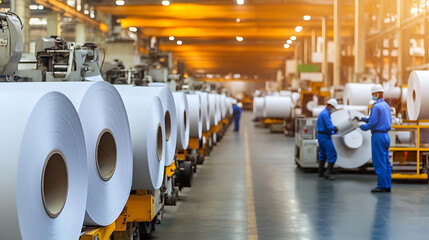 Paper Roll Manufacturing: Rows of jumbo paper rolls await processing in a brightly lit factory. Workers oversee the production line for efficient output.