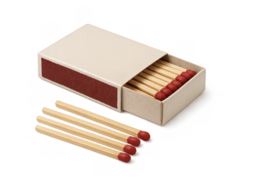 Matchbox opened with matches lying nearby on a transparent background, poised for igniting a fire with a spark or flame