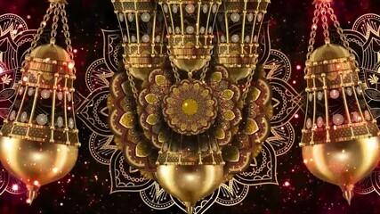 A vibrant mandala design with intricate patterns and golden accents, set against a cosmic background. - Powered by Adobe