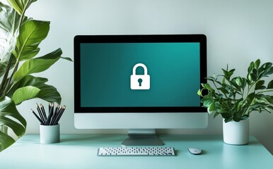 A modern office scene features a digital padlock symbol on a computer screen, signifying a forward-thinking approach to cybersecurity and data protection. It emphasizes business data privacy and