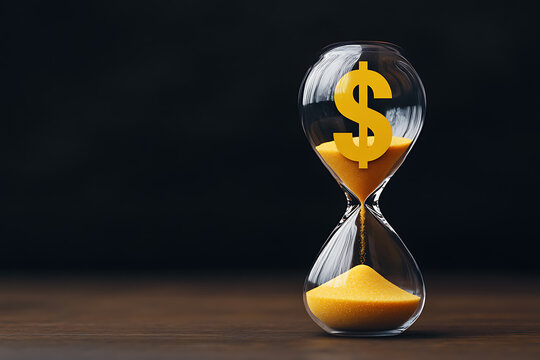 Time is money: Hourglass with a dollar sign shows the concept of time value of money and the urgency of financial planning. Efficient time management
