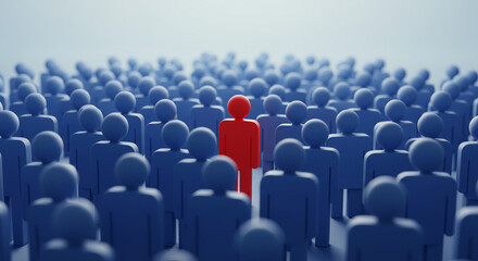 Fototapeta premium Red figure standing out in blue crowd symbolizing leadership and individuality in 3D rendering