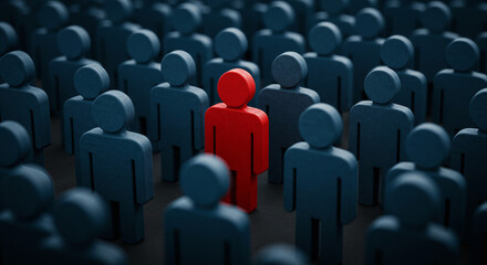 Red figure standing out in blue crowd symbolizing leadership and individuality in 3D rendering
