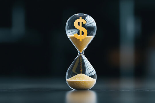 Time is money: An hourglass with sand flowing past a currency symbol, suggesting that time is a valuable, finite resource. Time equals money.