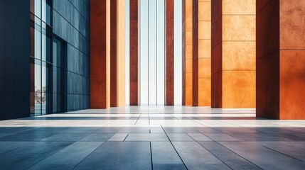 The office business building is highlighted with a detailed modern glass facade featured on an urban abstract background.