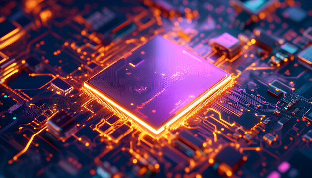 digital processor glowing brightly. Futuristic tech circuit board with light lines, chips. Advanced data processing, computer system innovation in