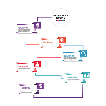 vertical business infographic with 6 colorful steps, icons, and text boxes. ideal for process flow, planning, timeline, brochure, presentation, report, and marketing. editable vector layout.