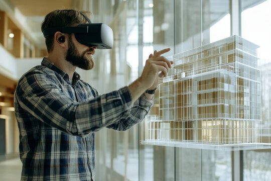 With a VR headset on, an individual investigates a 3D model of a modern structure, discovering its intricacies through an immersive and interactive environment. This portrayal envisions the future.