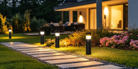Naklejka premium Evening Landscape Lighting Highlights Walkway, Concrete Floor, Green Grass, and Modern House with Open Door Window