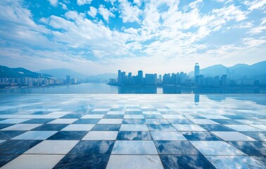 Naklejka na ściany i meble The marble floor provides a panoramic view of the modern city skyline against a backdrop of blue sky.