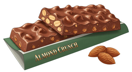 Delicious almond crunch chocolate bars, perfect for confectionery advertising, dessert menus, Valentine's Day promotions, or snack packaging design, isolated on white & transparent background.